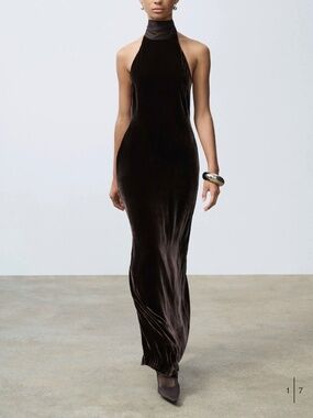 SRG Brown Velvet Halter Neck Maxi Dress - Size S / US 4-6